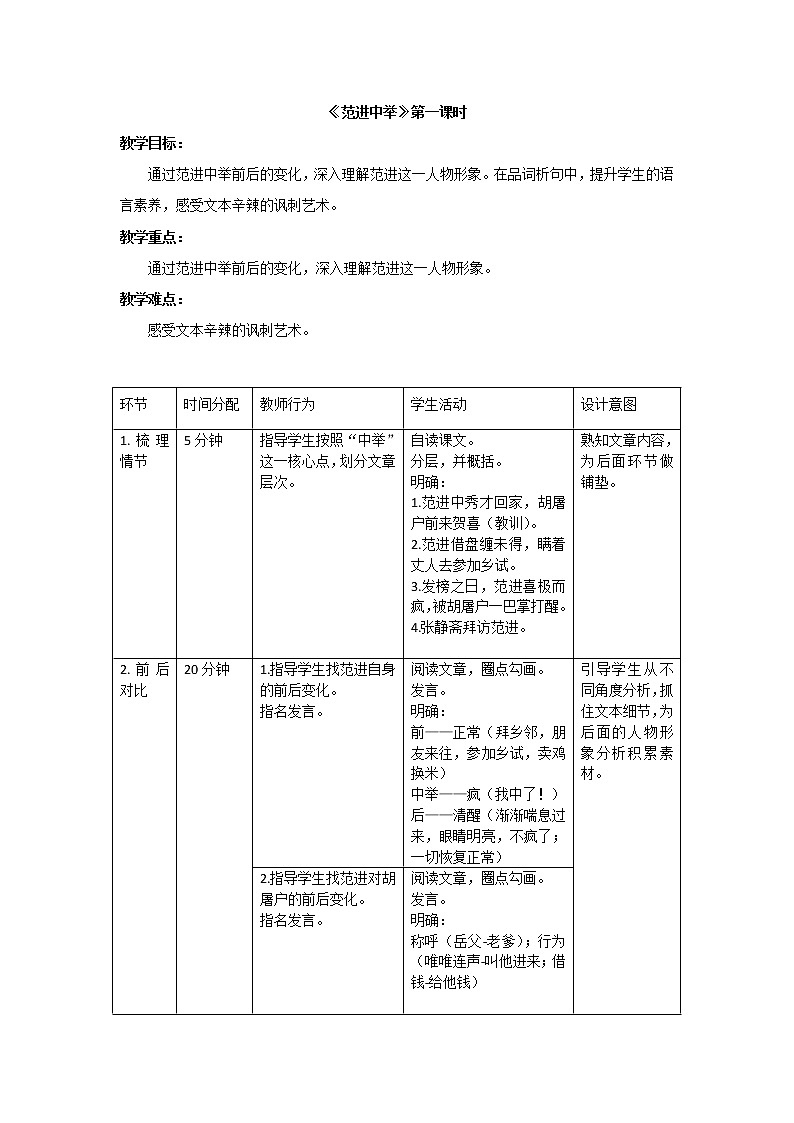 初中九年级上册《范进中举》优秀语文教案01