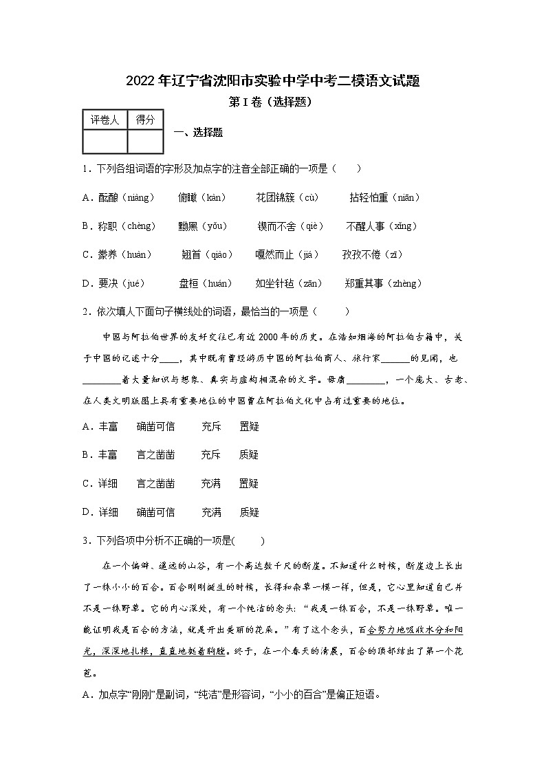 2022年辽宁省沈阳市实验中学中考二模语文试题第1页