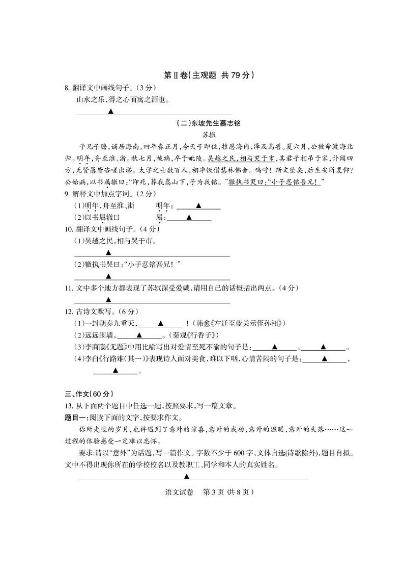 2021年四川省凉山州九年级中考适应性考试语文（试卷）第3页