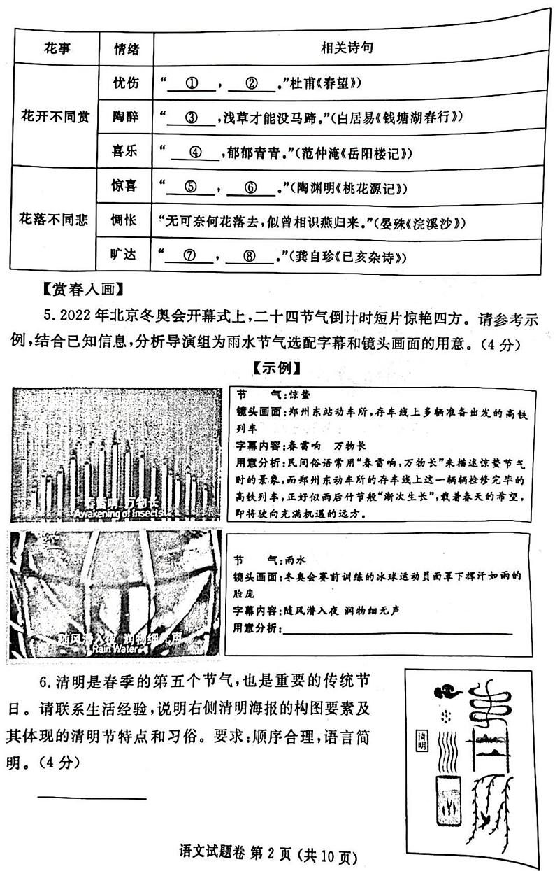2022年河南郑州二模语文试卷及答案（含答题卡）第2页