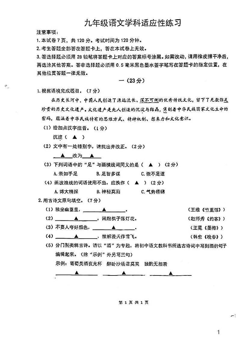 2022江苏省南京市南师附中教育集团中考语文二模试卷（含答案）01