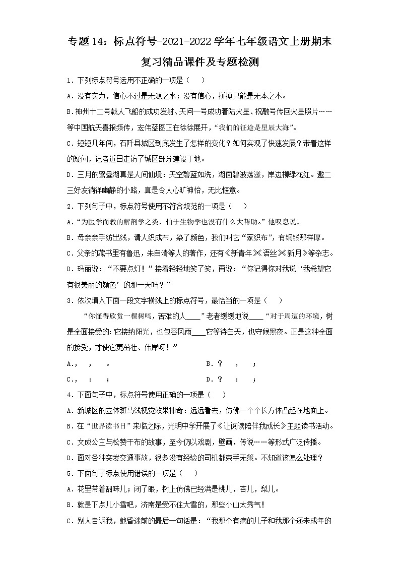 专题14：标点符号-2021-2022学年七年级语文上册期末复习精品课件及专题检测（原卷版）第1页