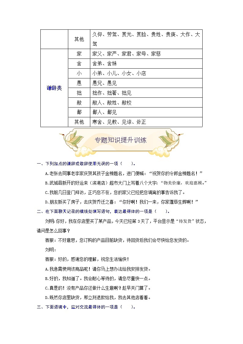 专题四 谦辞或致敬辞（重点）-2021-2022学年七年级语文上册期末考试划重点（部编版）（原卷版）第2页