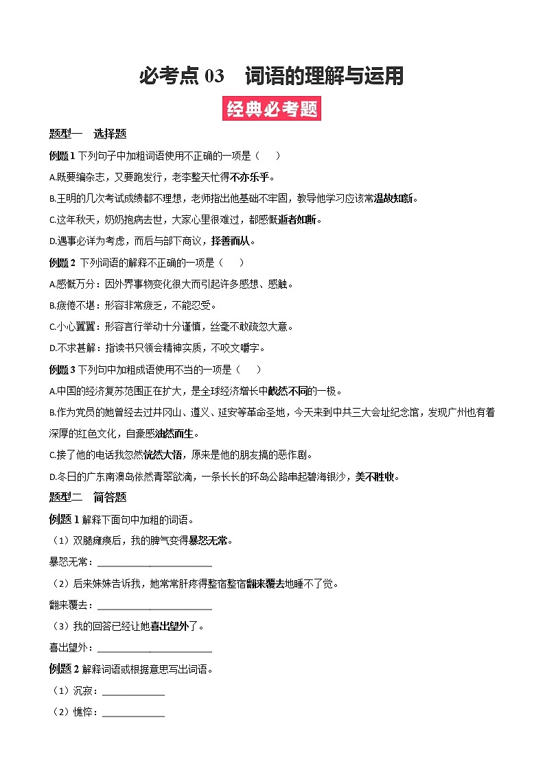 必考点03  词语的理解与运用-【对点变式题】2021-2022学年七年级语文上学期期中期末必考题精准练（部编版）(1)01