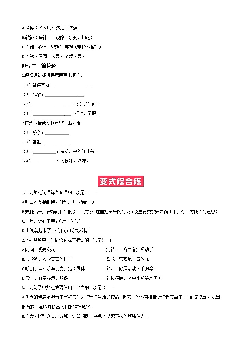 必考点03  词语的理解与运用-【对点变式题】2021-2022学年七年级语文上学期期中期末必考题精准练（部编版）(1)03