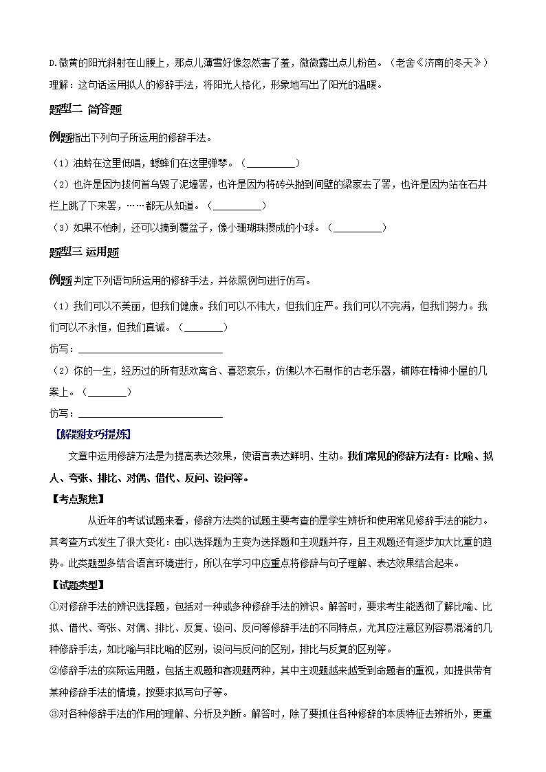 必考点06  修辞-【对点变式题】2021-2022学年七年级语文上学期期中期末必考题精准练（部编版）(1)02