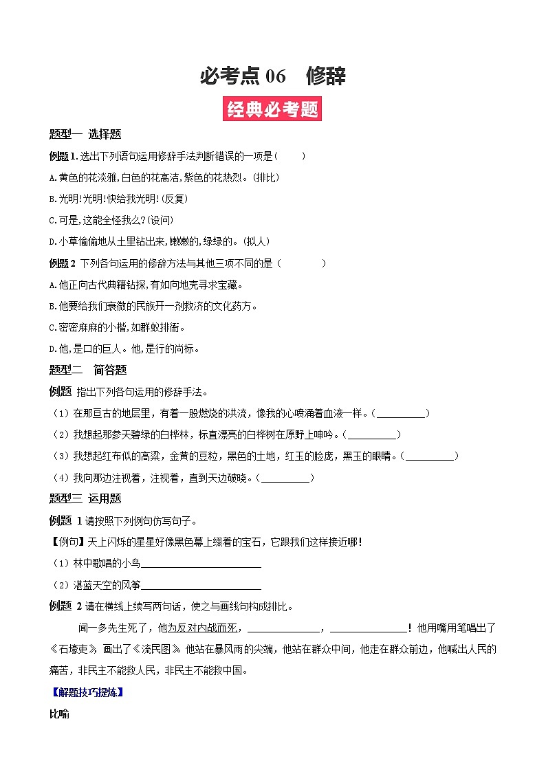必考点06  修辞-【对点变式题】2021-2022学年七年级语文下学期期中期末必考题精准练（原卷版）第1页