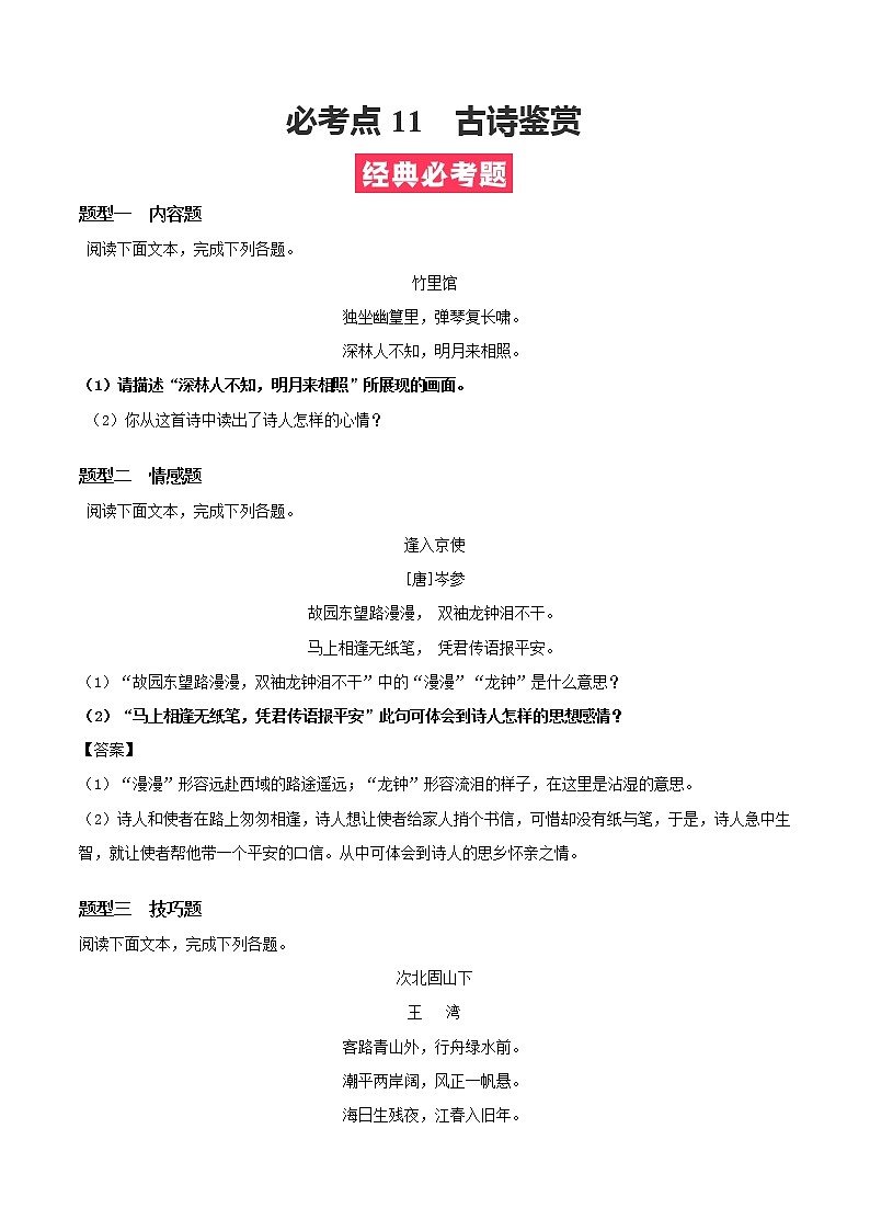 必考点11  古诗鉴赏-【对点变式题】2021-2022学年七年级语文下学期期中期末必考题精准练（原卷版）第1页