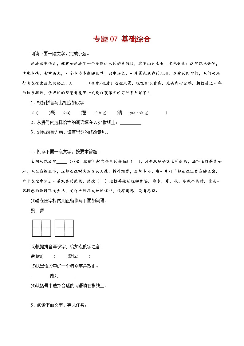 专题07：基础综合-2021-2022学年七年级语文下学期期中专题复习（原卷版）第1页