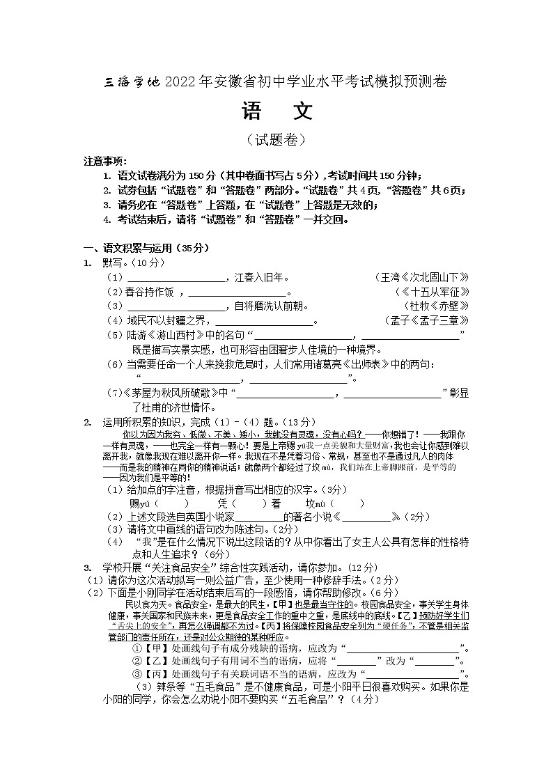 2022年安徽省三海学地教育联盟初中学业水平考试模拟预测语文试题卷(word版无答案)01