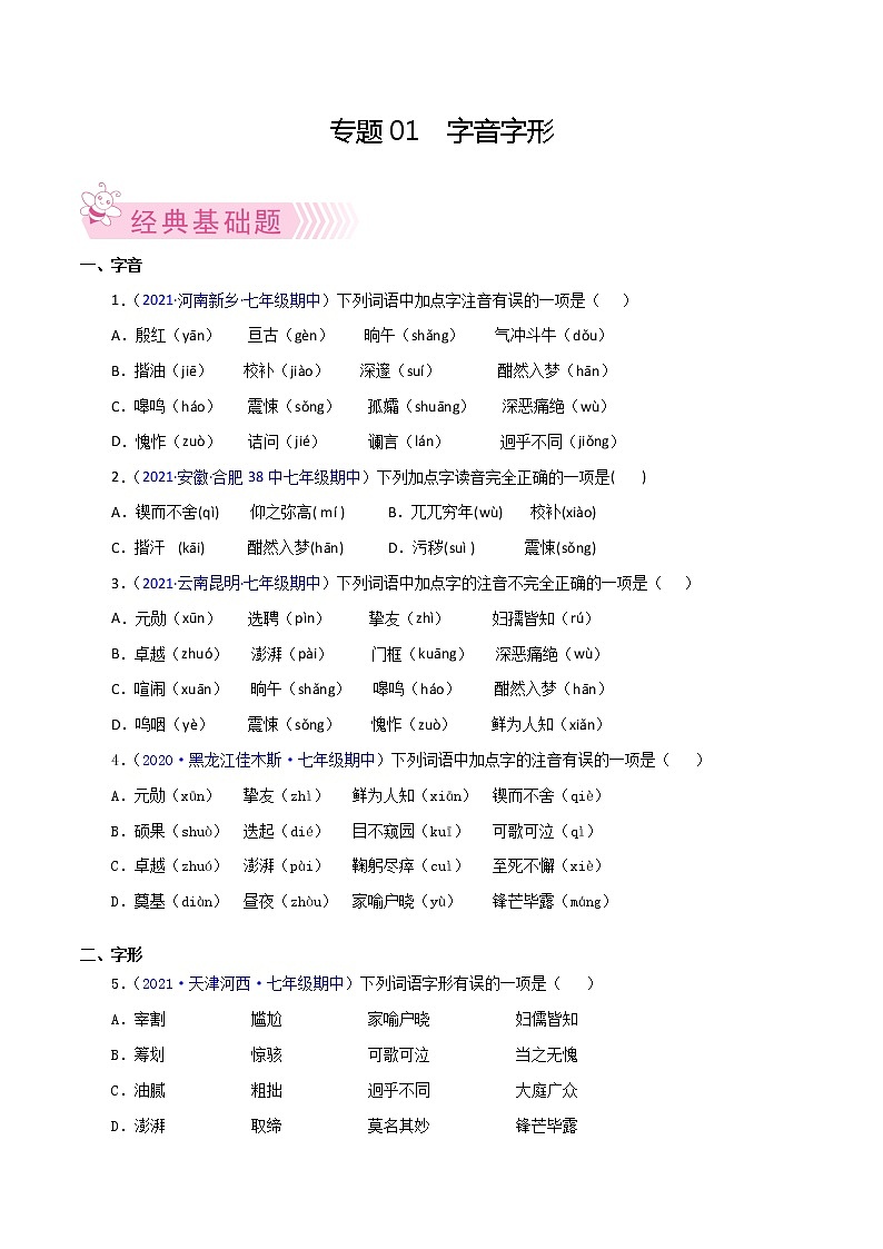 专题01：字音字形-2021-2022学年七年级语文下学期期中考试好题汇编（部编版）01