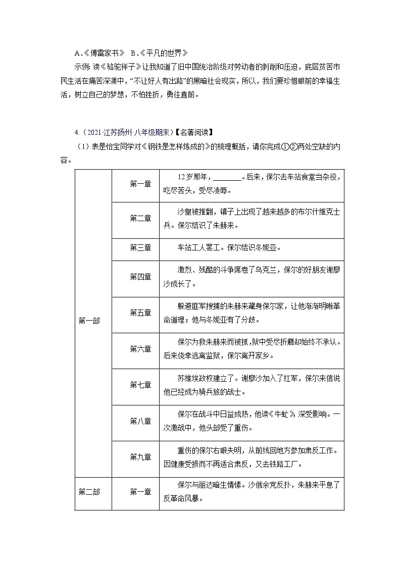 考点06：文学名著（考点训练）-2021-2022学年八年级语文下学期期末复习考点梳理与训练（江苏专用）（原卷版）第2页