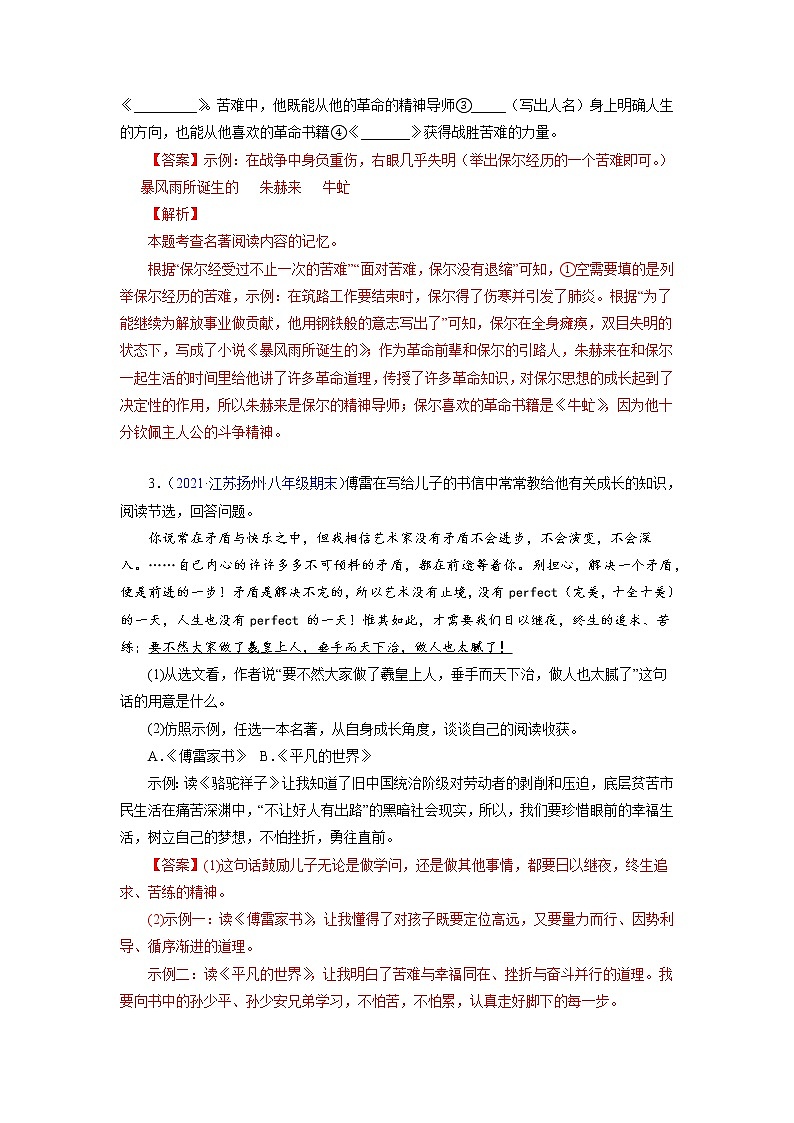 考点06：文学名著（考点训练）-2021-2022学年八年级语文下学期期末复习考点梳理与训练（江苏专用）（解析版）第2页