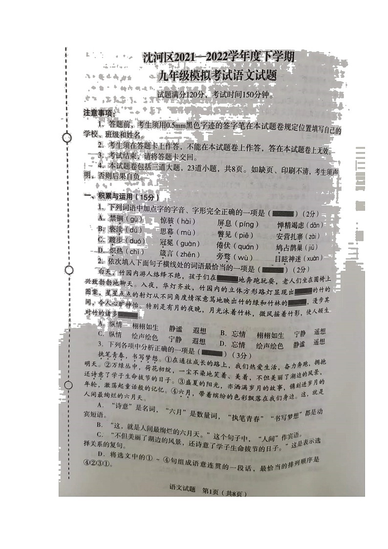 2022年辽宁省沈阳市沈河区中考模拟考试语文试题（无答案）01
