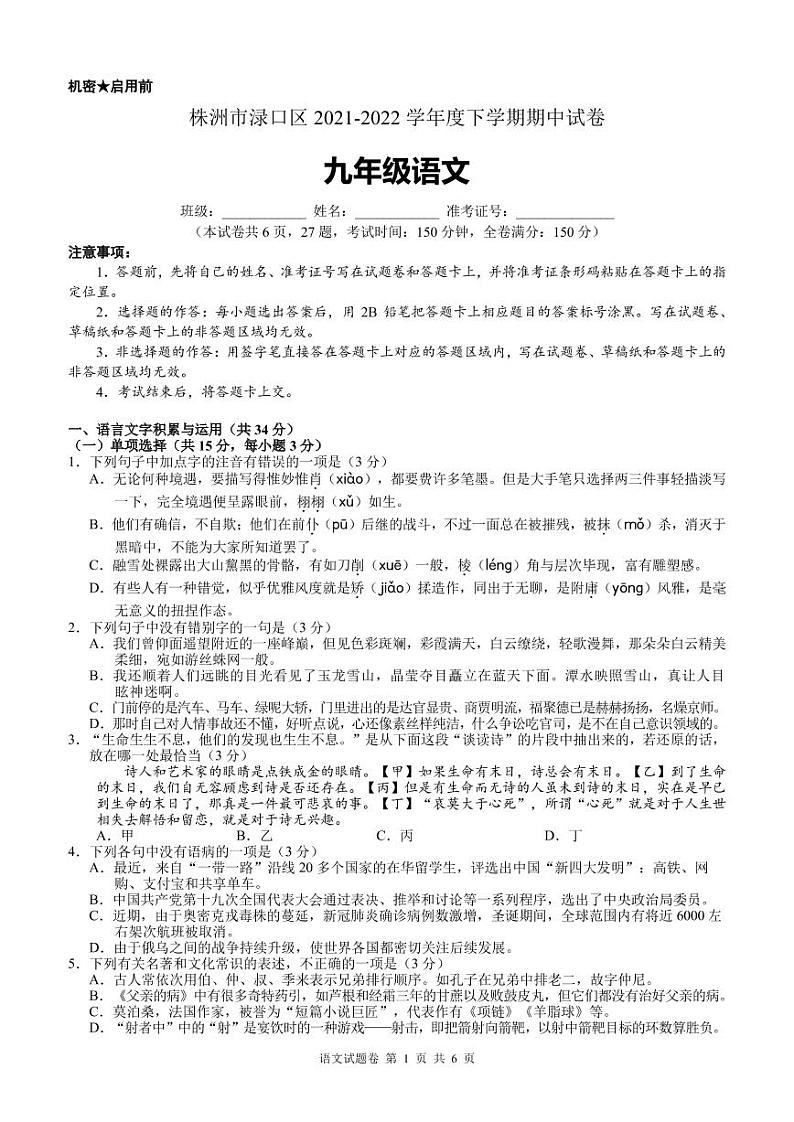 2022年湖南省株洲市渌口区九年级下学期期中考试（一模）语文卷及答案（图片版）01
