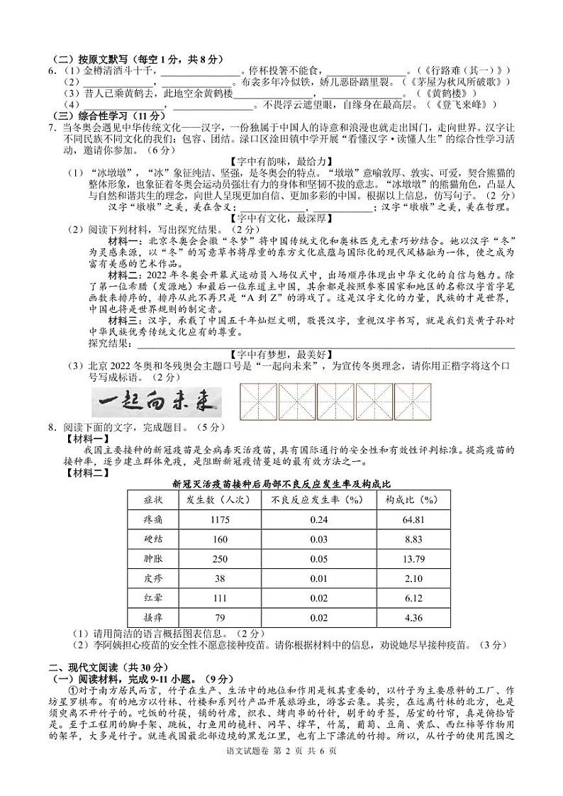 2022年湖南省株洲市渌口区九年级下学期期中考试（一模）语文卷及答案（图片版）02