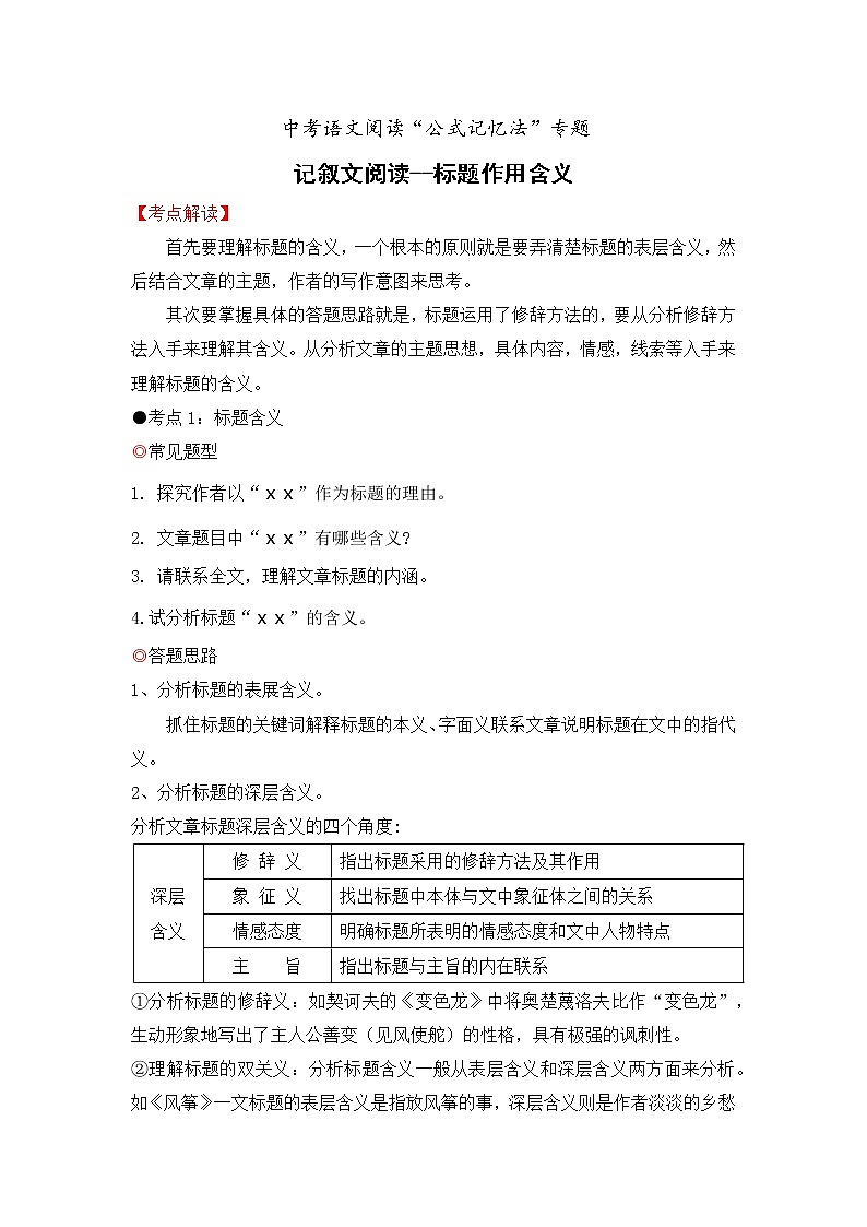 专题23 记叙文阅读之标题作用含义-备战2022年中考语文阅读“公式记忆法”01