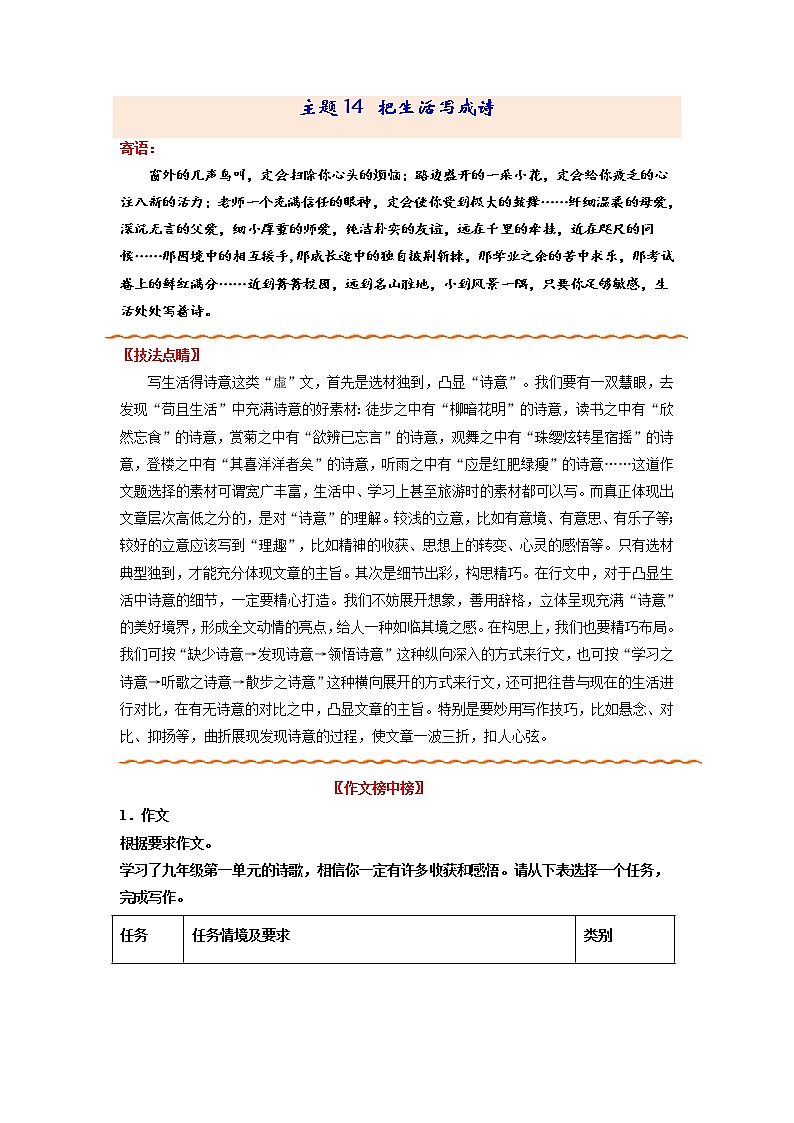 主题14 把生活写成诗-备战2022年中考作文新意榜中榜01
