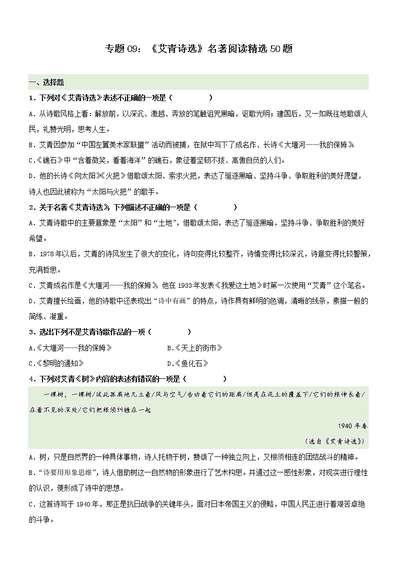 专题09《艾青诗选》精选练习50题-冲刺2022年中考语文名著阅读精选练习50题01