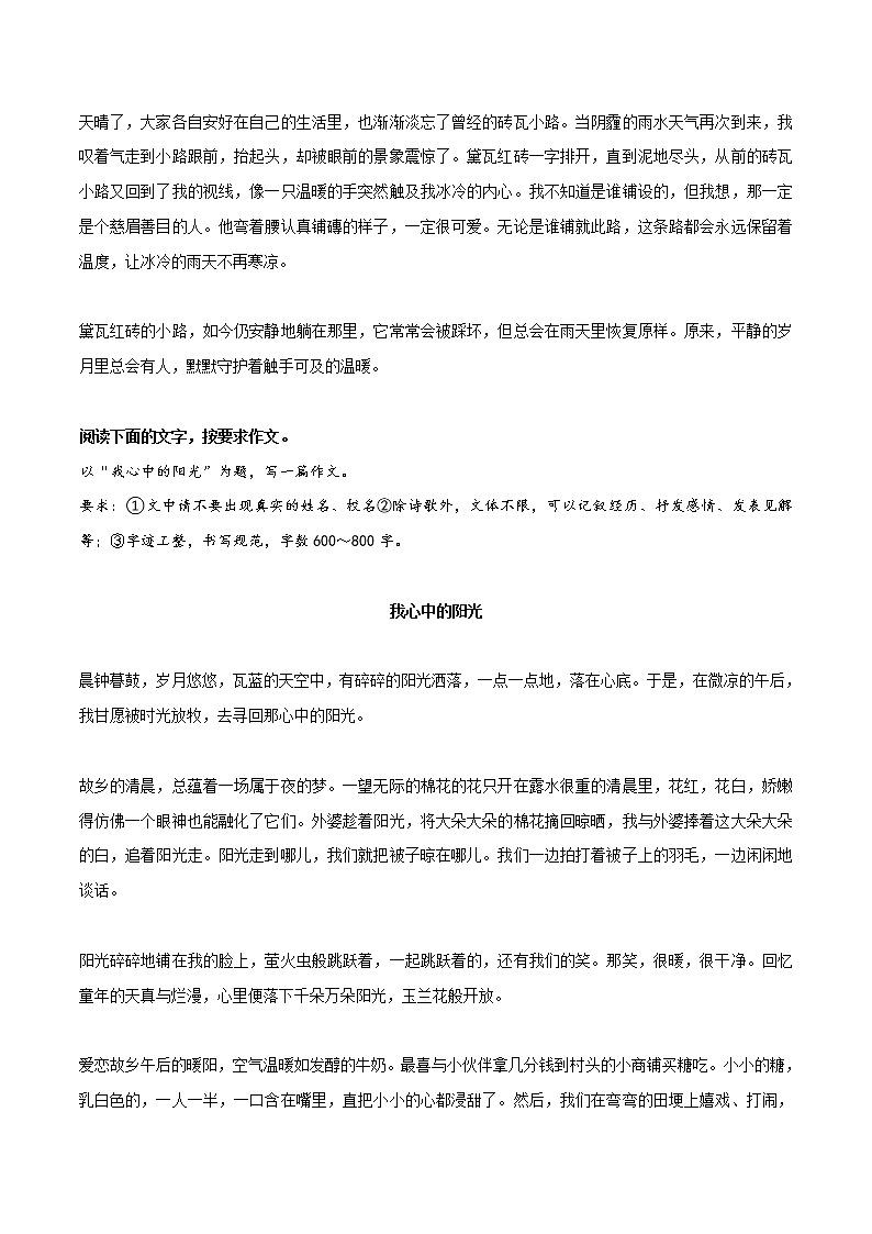 专题19  《触手可及的温暖》《我心中的阳光》《这里，也是我的舞台》《梅花精神，拨动了我的心弦》-冲刺2022年中考语文作文押题预测及优质范文展示02