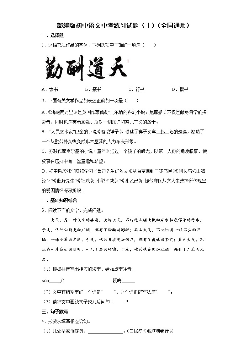 部编版初中语文中考练习试题（十）（全国通用）第1页