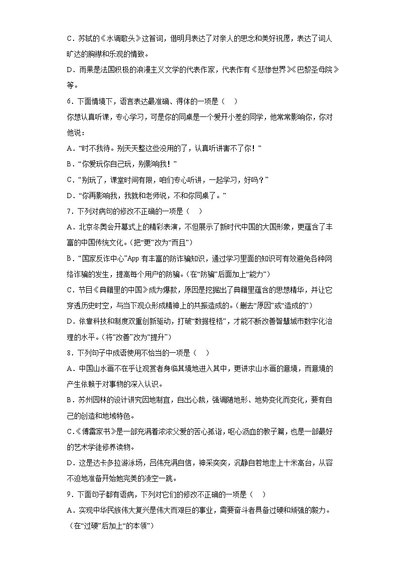 基础知识单项选择信息必刷卷  2022年初中语文中考备考冲刺第2页