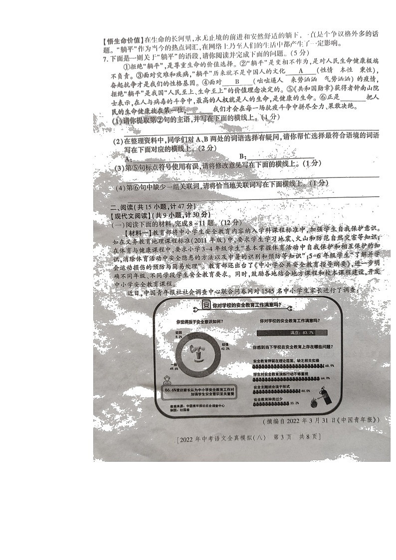 2022年陕西省初中学业水平考试语文全真模拟（八）（含答案）第3页