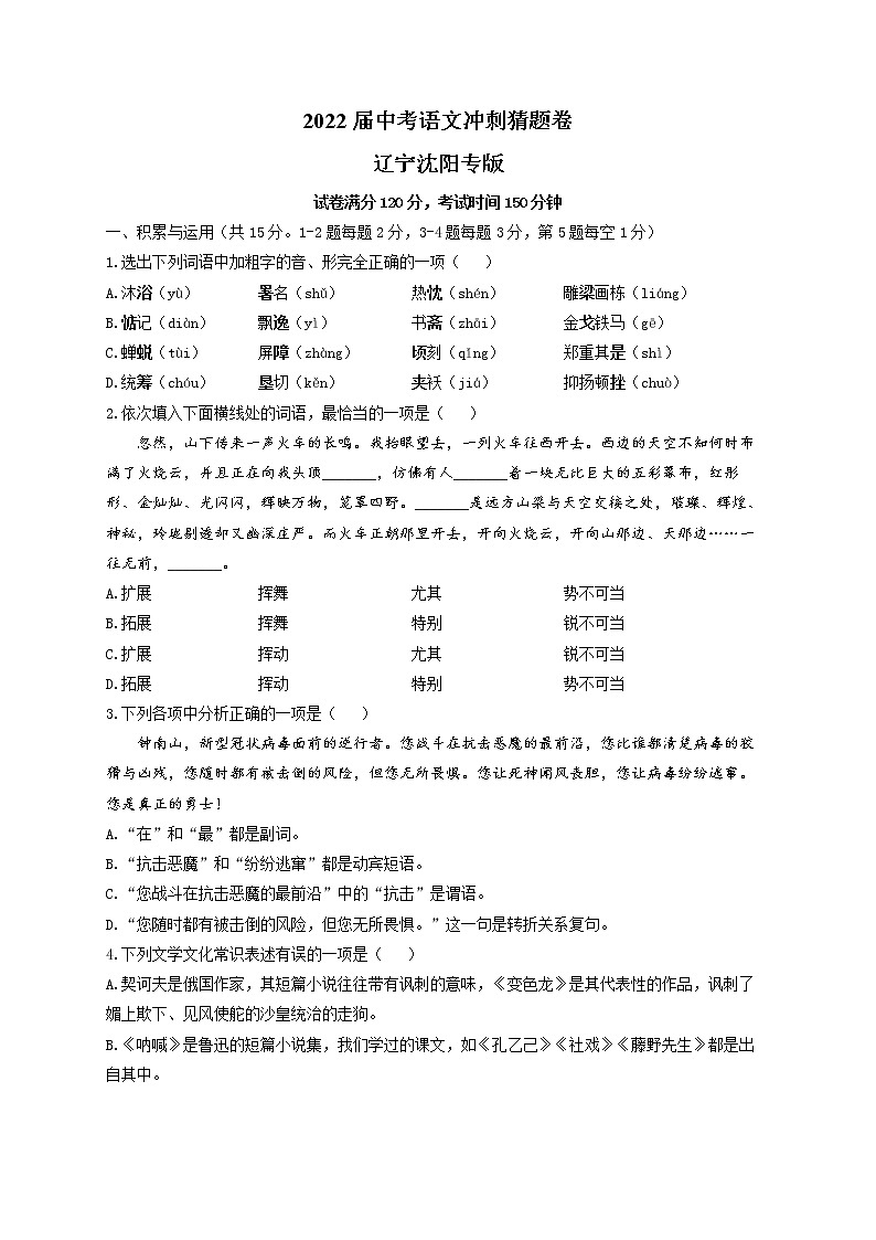 2022届中考语文冲刺猜题卷 辽宁沈阳专版第1页