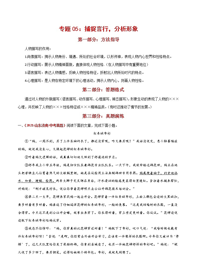 专题05：捕捉言行，分析形象（原卷版）第1页