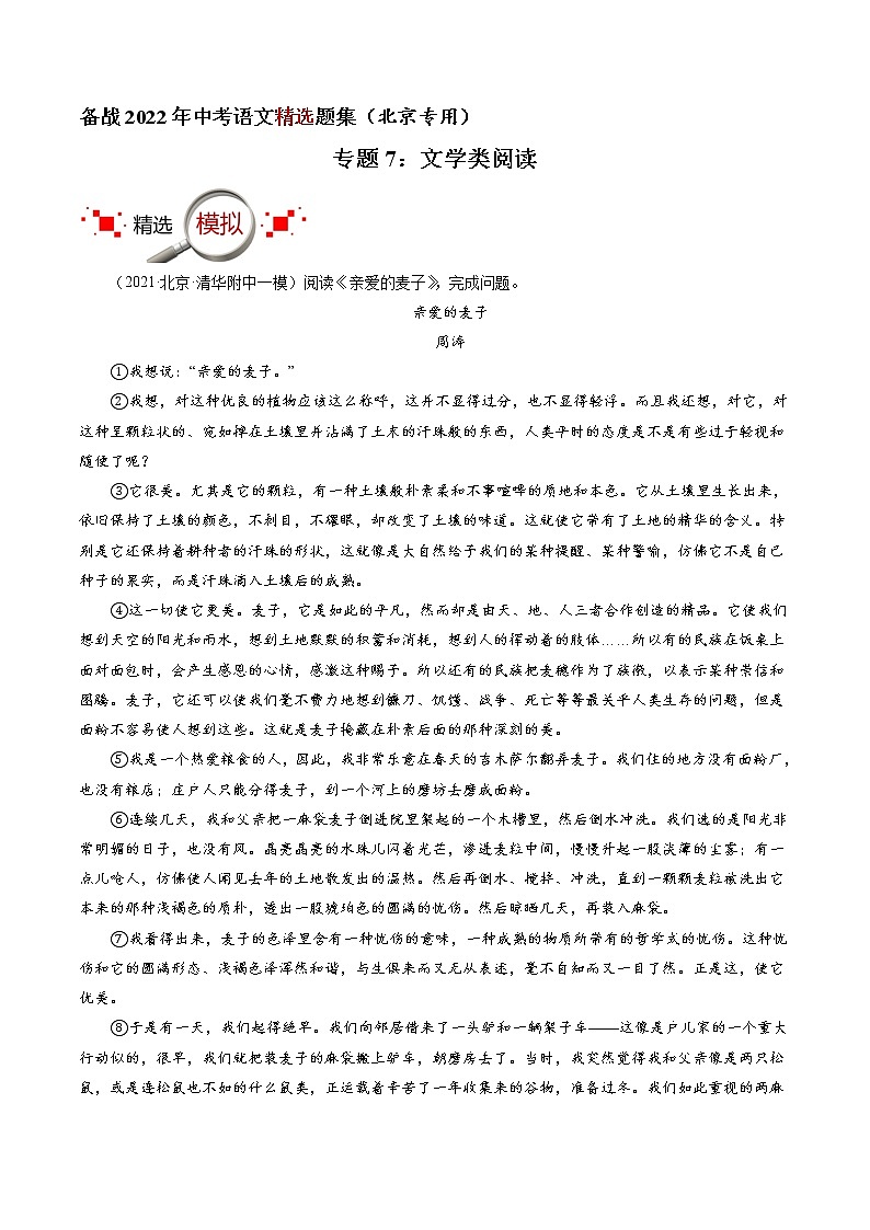 专题7：文学类阅读-备战2022年中考语文精选题集（北京专用）01