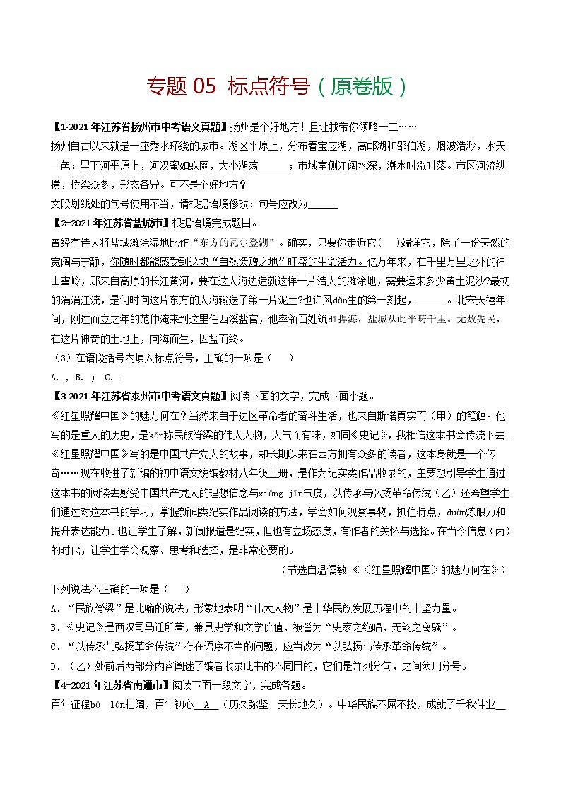 专题05 标点符号 备战2022年中考语文精选题集（原卷版）第1页