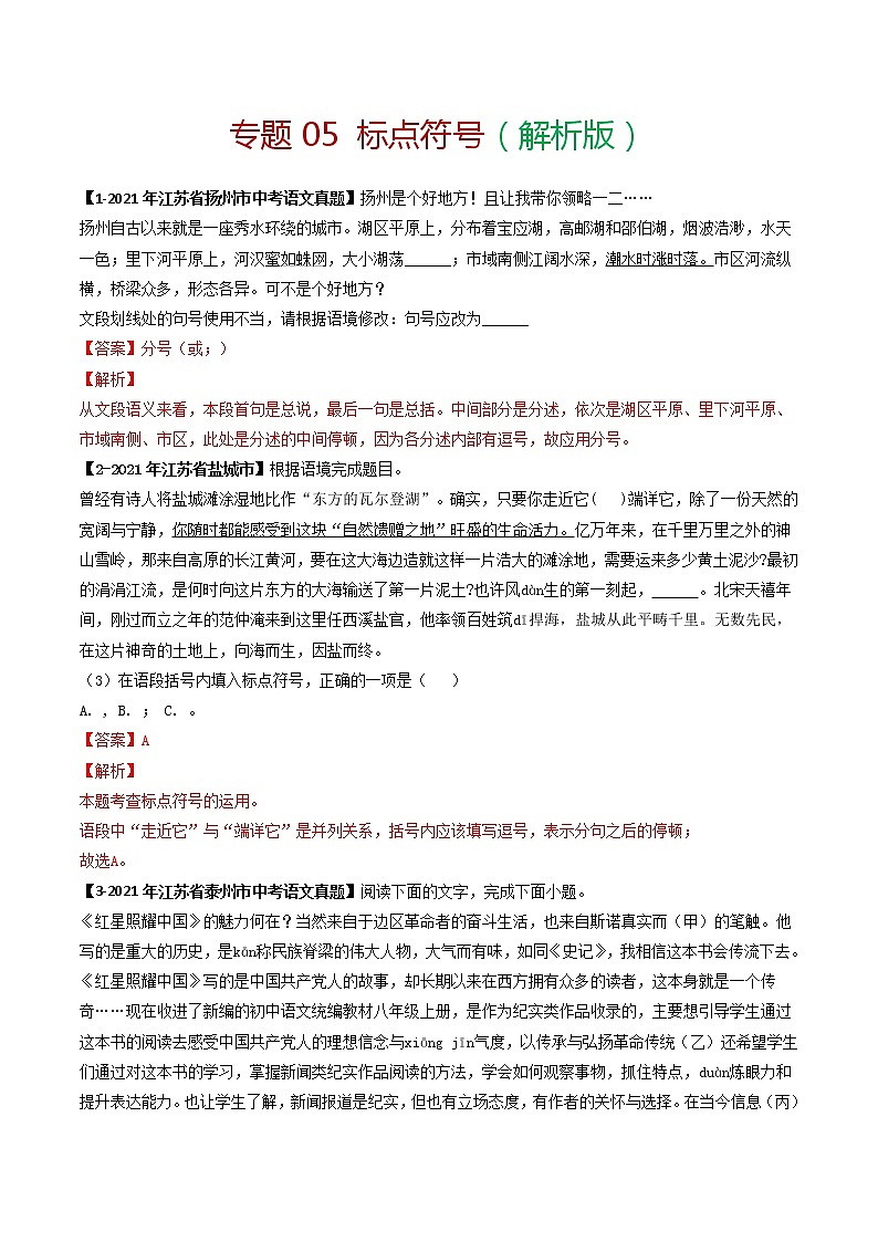 专题05 标点符号 备战2022年中考语文精选题集（解析版）第1页