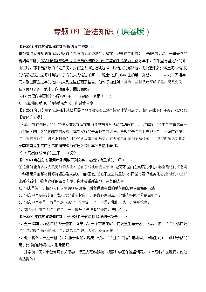 专题09 语法知识－备战2022年中考语文精选题集（原卷版）第1页