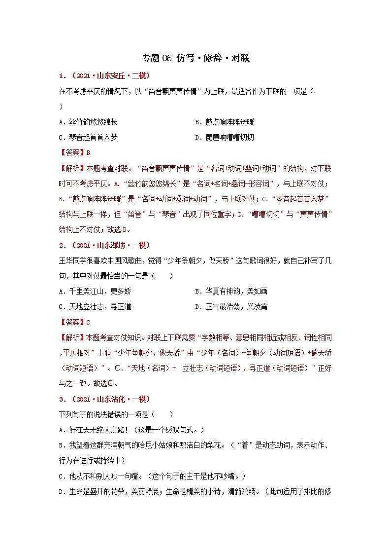 专题06 仿写·修辞·对联-备战2022年中考语文精选题集（山东专用）（解析版）第1页
