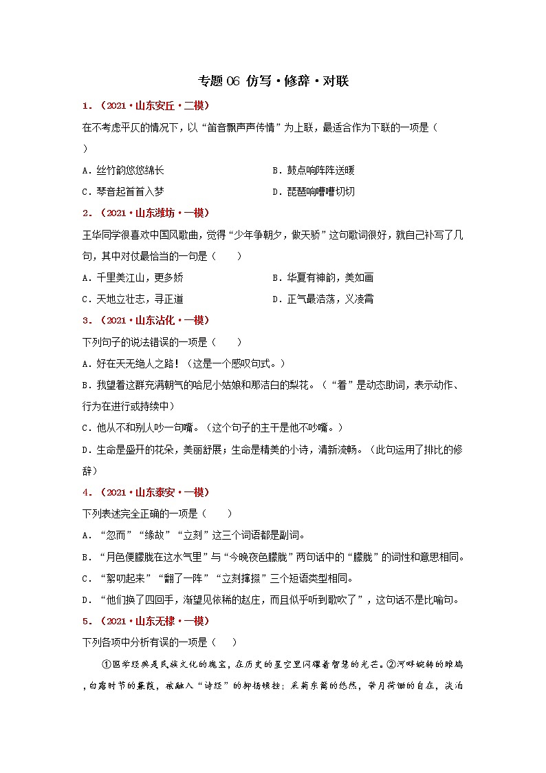 专题06 仿写·修辞·对联-备战2022年中考语文精选题集（山东专用）（原卷版）第1页