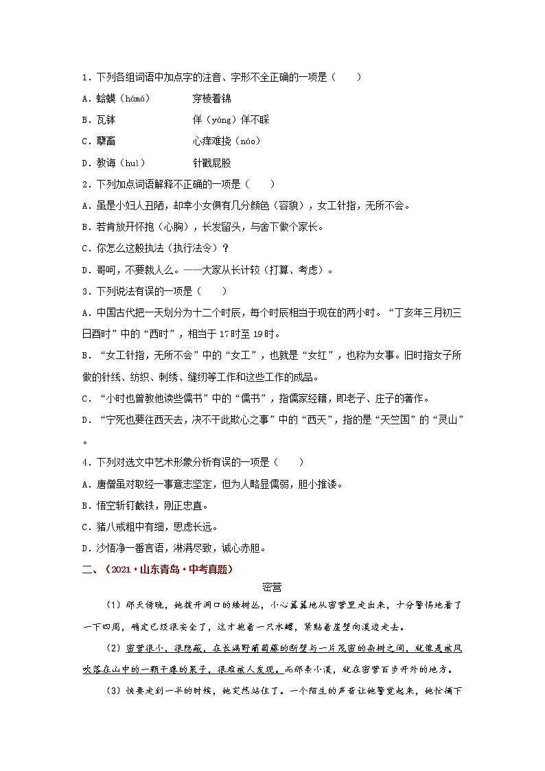 专题15 小说阅读-备战2022年中考语文精选题集（山东专用）（原卷版）第2页