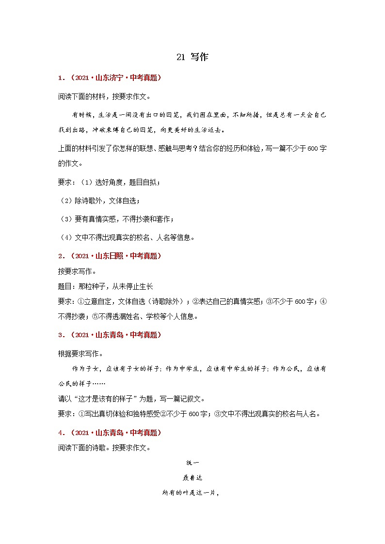专题21 写作-备战2022年中考语文精选题集（山东专用）（原卷版）第1页