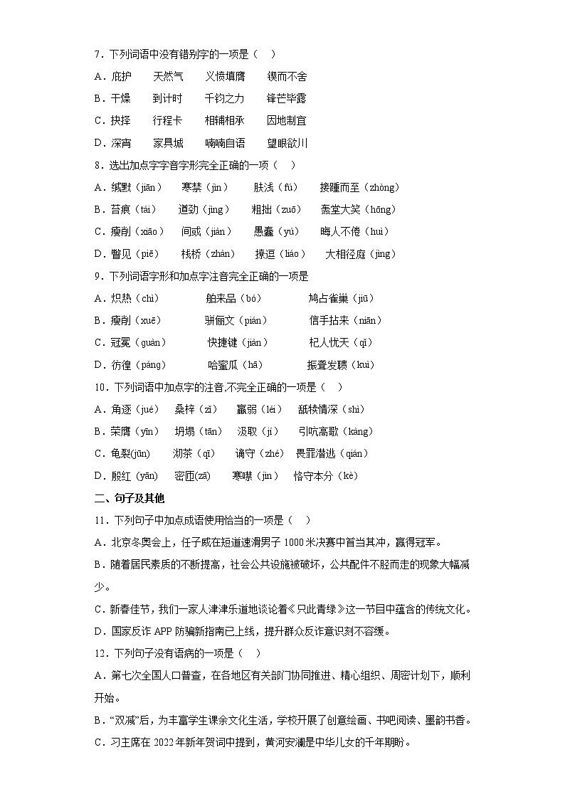 基础知识单选考前信息必刷卷++2022年初中语文中考备考冲刺第2页