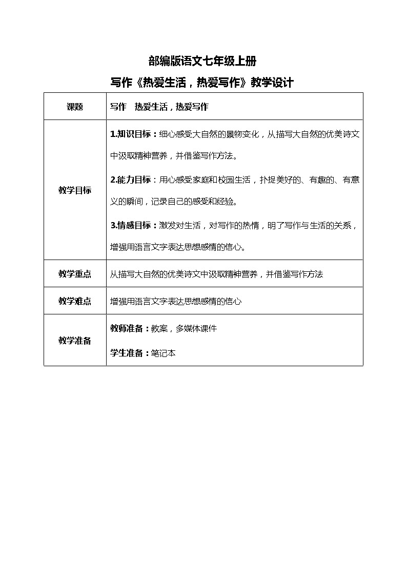 部编版语文七年级上册第一单元写作《热爱生活，热爱写作》教案+课件01