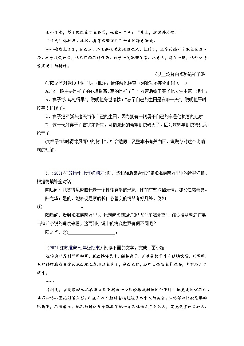 考点05：文学名著（考点训练）-2021-2022学年七八年级语文下学期期末复习考点梳理与训练（江苏专用）（原卷版）第3页