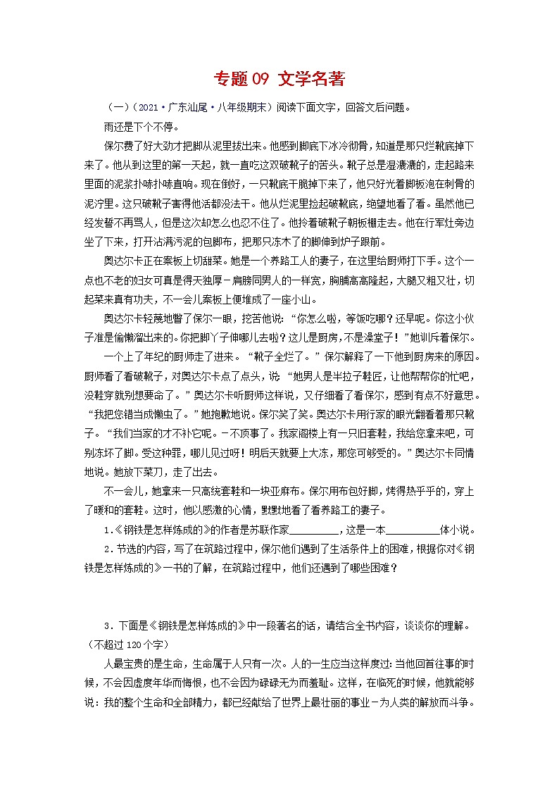专题09：文学名著（考点训练）-2021-2022学年八年级语文下学期期末复习考点梳理与训练（广东专用）（原卷版）第1页