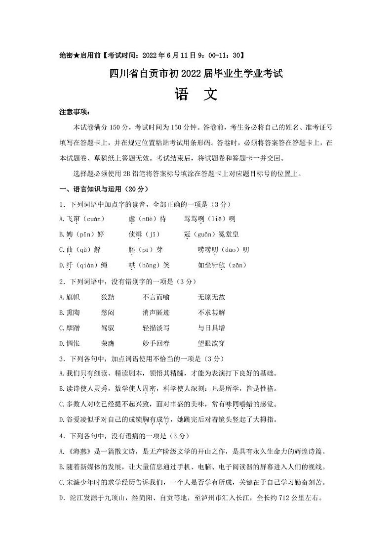 2022年四川省自贡市中考真题语文试卷及答案01