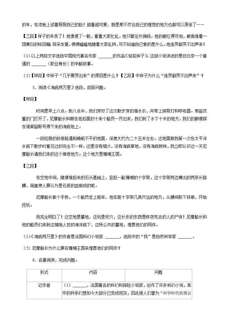 专题3 名著阅读-2020-2021学年广东省深圳市各区七年级下册语文真题分类汇编（原卷版）第2页