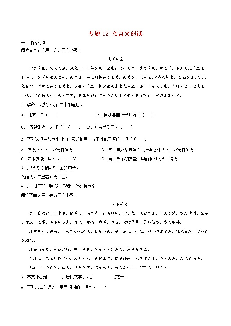 专题12 文言文阅读-八年级语文下学期期末专项复习（部编版）（试卷）第1页