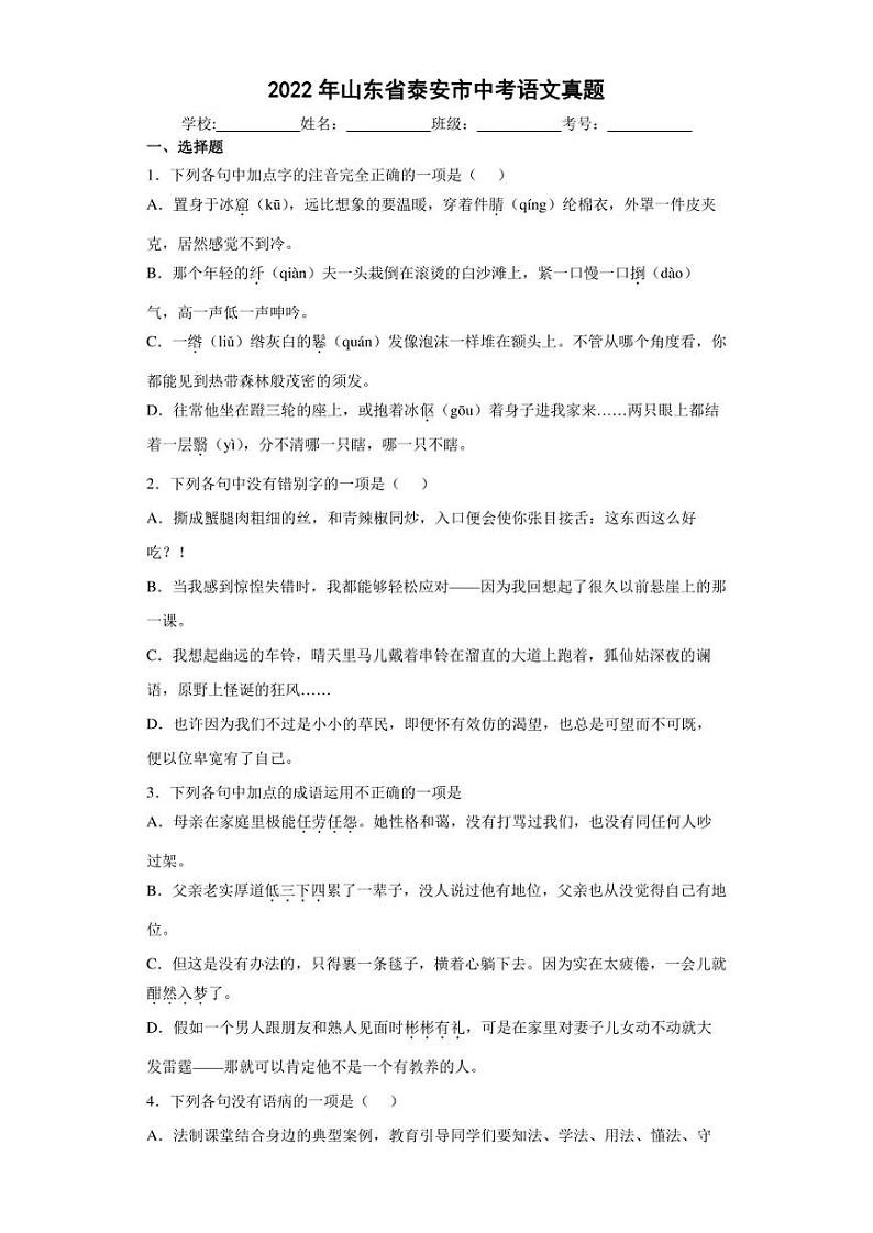 【中考真题】2022年山东省泰安市中考语文试卷（附答案）01