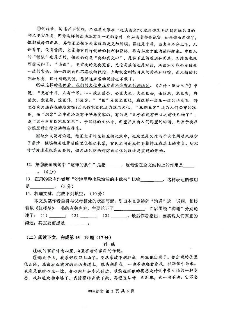 2022年上海市金山区初三6月线下中考二模语文试卷（含答案）第3页