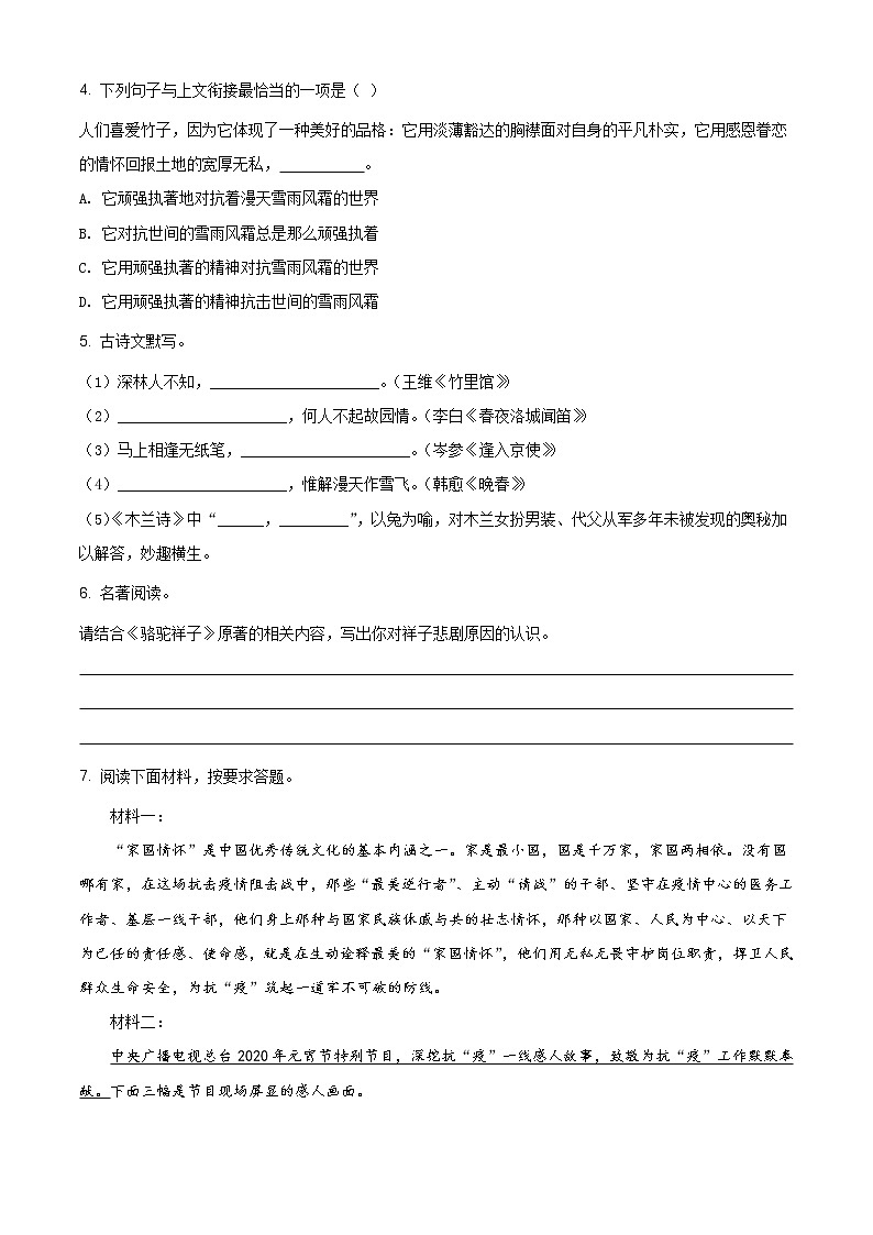 河南省南阳市宛城区2019—2020学年七年级下学期期中语文试卷及答案02