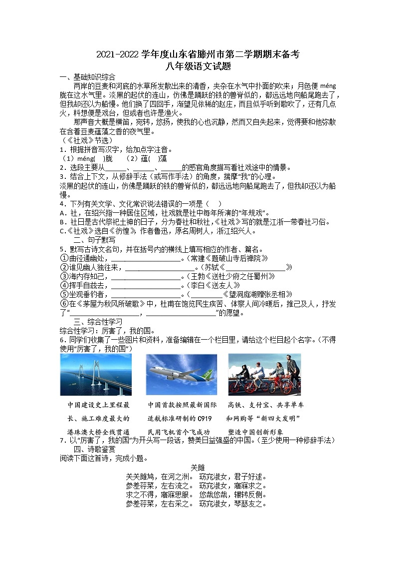 山东省滕州市2021-2022学年八年级下学期期末备考语文试题（无答案）01