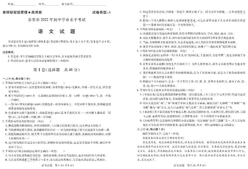 2022年山东省泰安市中考语文真题（有答案）01