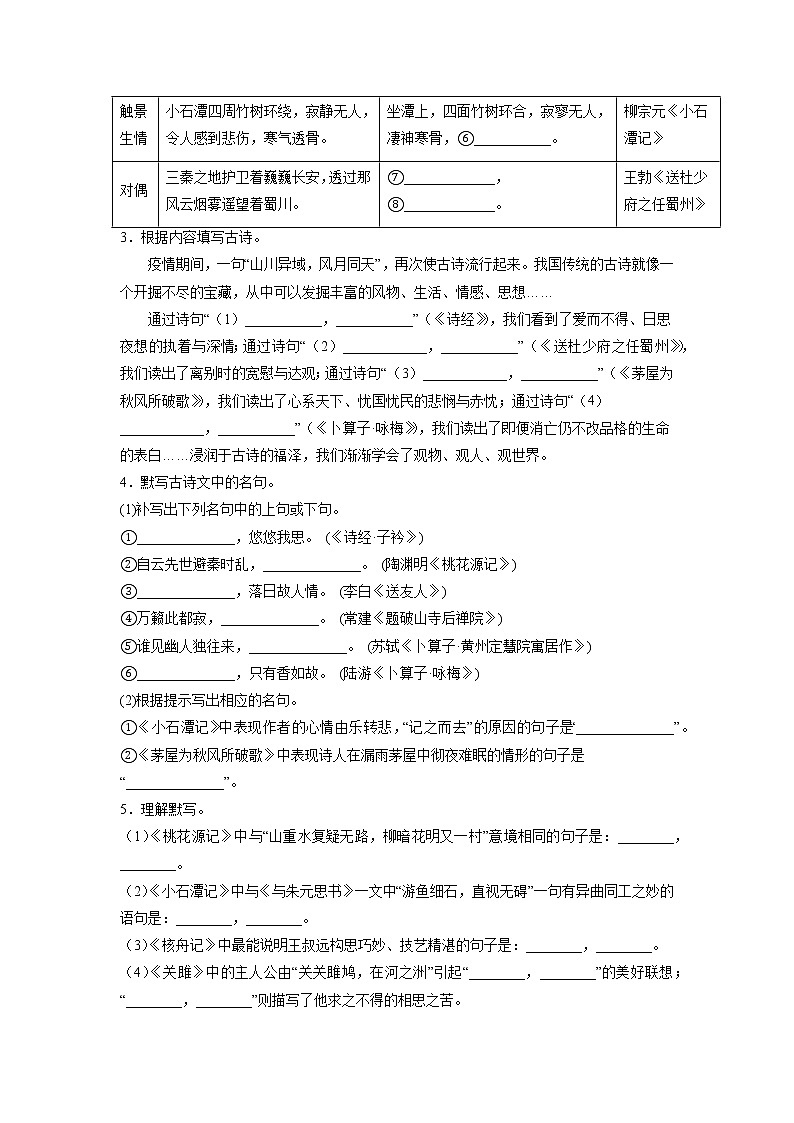 专题六古诗词默写专题2021-2022学年初中语文八年级下册期末（含答案）第2页